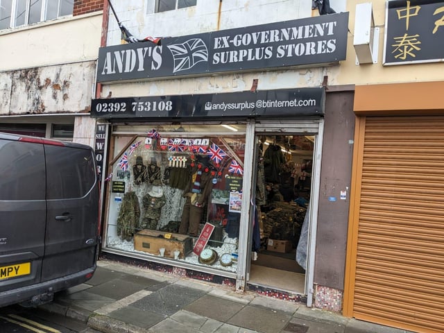 Andy's Ex-Government Surplus Store on Charlotte Street - just off Commercial Road - specialises in the sale of military gear and clothing. The business has another outlet on St Vincent Road, Southsea which focuses on maritime antiques.
