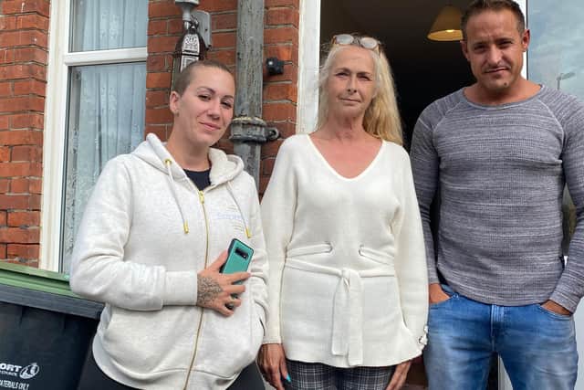 Pictured left to right: Skye Hall with mum Terri Hall, 57, and friend Andy Stringer outside Skye's home in Cambridge Road, Gosport.