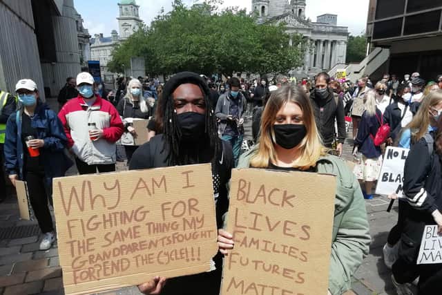 The Black Lives Matter protest and march took place in Portsmouth on Saturday, June 27.

Pictured is: Dante Ellington-Grant, 21, with his girlfriend Rebecca Higgins, 21. 

Picture: David George