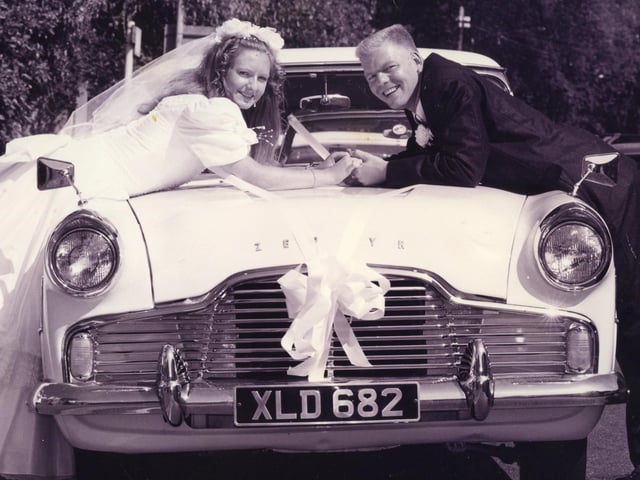 Rhondsa Sealey and Paul Kneller prepare to drive away from their wedding at Fareham registry office in their beloved Zypher, 1995. The News PP5396