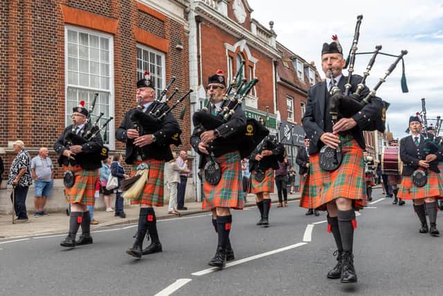 The Falklands 40 parade through Havant, led by the Rose & Thistle Pipes and Drums. Picture: Mike Cooter (090622)