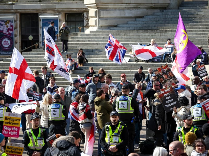 A Unity Rally, arranged by Stand Up To Racism Portsmouth, and a mass-deportation demonstration, arranged by UKIP, took place in Portsmouth's Guildhall on Saturday, March 15. Picture: Chris Moorhouse (150325-092)