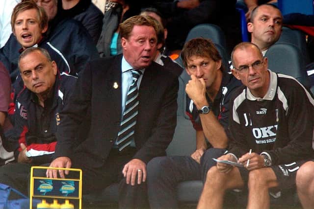 Avram Grant,  Harry Redknapp, Tony Adams and Joe Jordan on Pompey's bench at Spurs in October 2006. Picture: Jonathan Brady