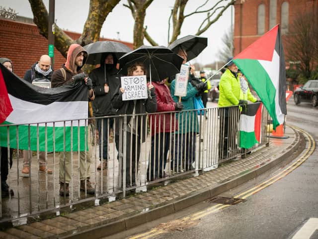 Pro Palestine protest outside Unicorn Gate of the Navy base on Thursday 29th of February 2024Picture: Habibur Rahman.