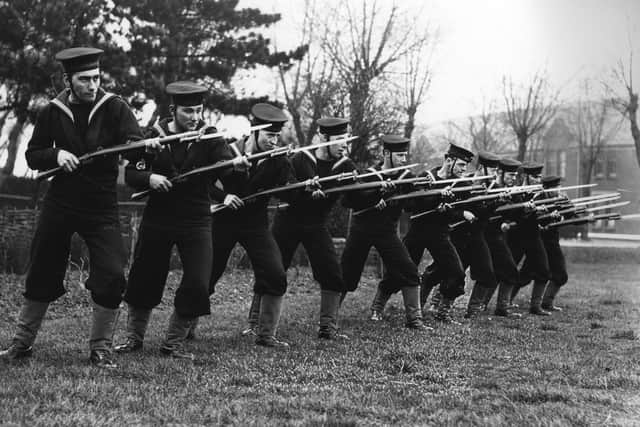 Bayonet practice at Whale Island during the Second World War. The News PP5381