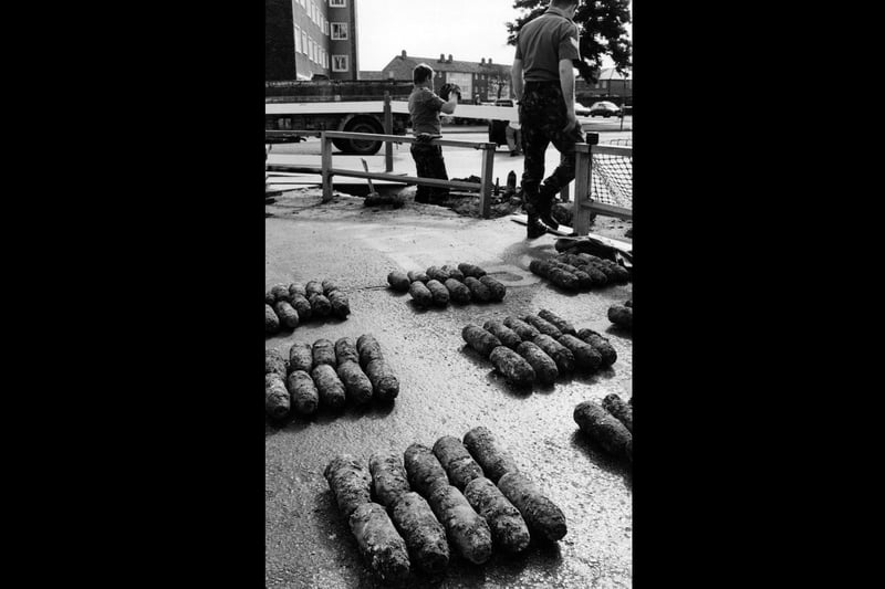 The shell warheads found at Bemisters Lane car park at Gosport, being cleared by the bomb disposal team in 1993. The News PP5542