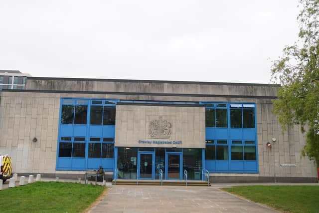 The entrance to Crawley Magistrates' Court in West Sussex, where Katie Price is appearing charged with harassment - breach of a restraining order. Picture date: Wednesday April 27, 2022. Picture: Steve Parsons/PA Wire/PA Images.