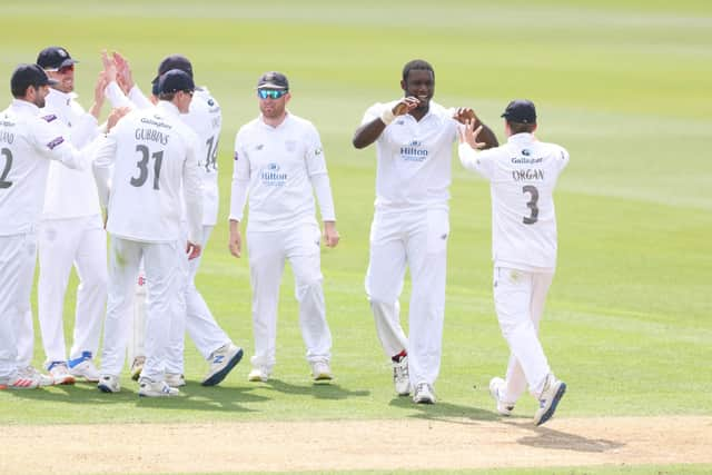 Keith Barker celebrates dismissing Josh Bohannon of Lancashire during day two of the LV= Insurance County Championship match at The Ageas Bowl. Photo by Warren Little/Getty Images.