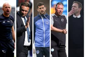 From left-right: Derby boss Paul Warne, Bolton's Ian Evatt, Pompey's John Mousinho, Peterborough's Darren Ferguson and Charlton's Dean Holden are all out for League One success next term.