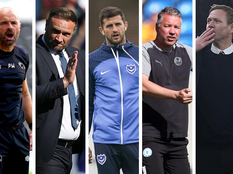 From left-right: Derby boss Paul Warne, Bolton's Ian Evatt, Pompey's John Mousinho, Peterborough's Darren Ferguson and Charlton's Dean Holden are all out for League One success next term.