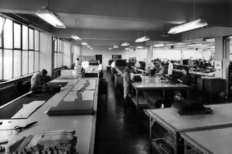 The cutting room at the Guards clothing factory at Fratton Bridge.