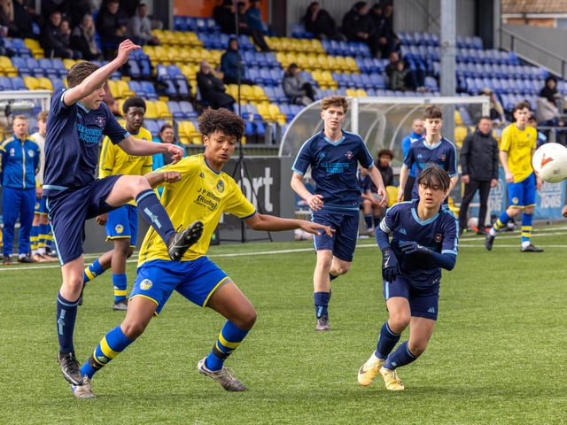 Action from the Under-16 Arthur Hughes Challenge Cup final between Meon Milton Awfords (yellow shirts) and Pickwick Youth Panthers. Picture: Mike Cooter