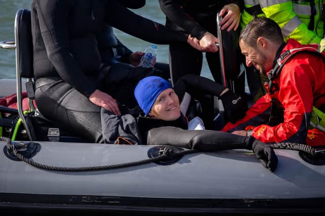 John Bream recovering in RIB boat shortly after the jump in the Solent.
Picture: Habibur Rahman
