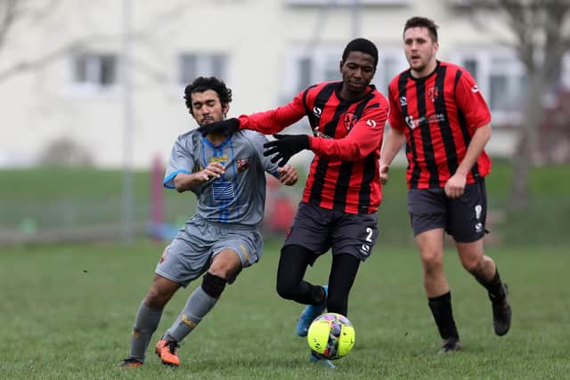 Action from Rowner Rovers' 5-4 Mid-Solent League loss to Hordean United (grey). Picture: Chris Moorhouse