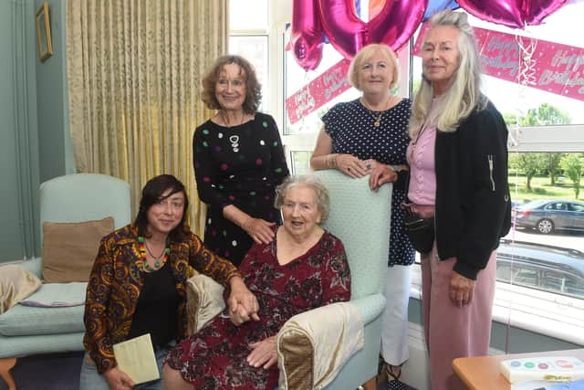 Mary Schoblom celebrated her 100th birthday on Friday, May 27, at St Vincent House Care Home in Southsea.Pictured is: (middle) Mary Schoblom with (l-r) granddaughter Nadia D'Agostino and daughters Joyce Hedley, Jacqueline Ben-Ali and Jeanette Harding.Picture: Sarah Standing (270522-8426)