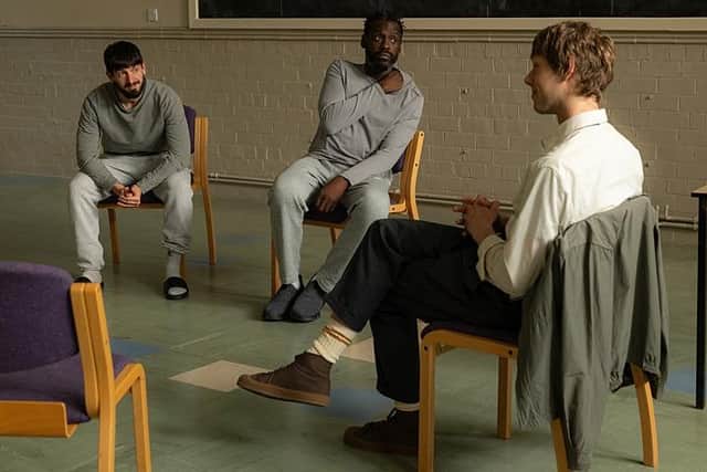 Malik (Nima Teleghani), Samson (Sule Rimi) and Dan (Josh Finan) in the new BBC drama Waiting for the Out (Picture: BBC/Sister Pictures/Kerry Spicer)