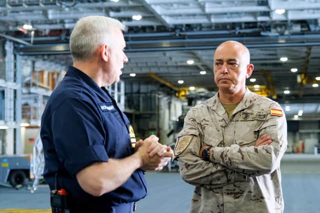 Major General Rafael Roldán Tudela, head of the Spanish marines visits HMS Prince of Wales during the aircraft carrier's deployment.
