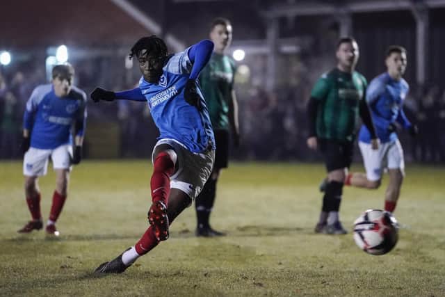 Koby Mottoh scores Pompey's second from the penalty spot at Andover New Street in the Hampshire Senior Cup. Picture: Jason Brown
