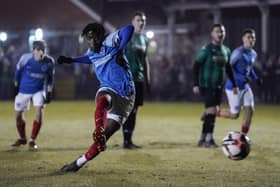 Koby Mottoh scores Pompey's second from the penalty spot at Andover New Street in the Hampshire Senior Cup. Picture: Jason Brown