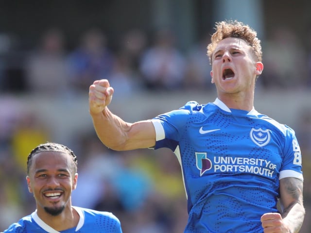 Adrian Segicic opens the scoring for Pompey against Oxford United. Picture: Alun Roberts/ProSportsImages