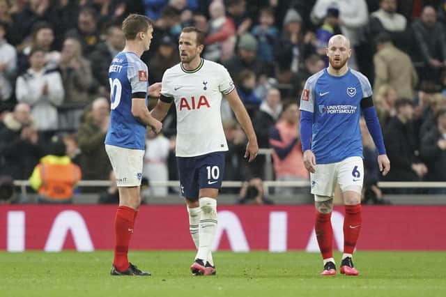 Sean Raggett and Spurs' Harry Kane faced each other in Pompey's 1-0 FA Cup defeat in January 2023. Picture: Jason Brown/ProSportsImages