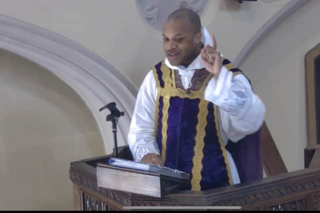 Father Rosario M Ebanks believed LGBTQ topics should not be taught in Catholic schools and branded the idea an 'abomination' during a recorded church service.