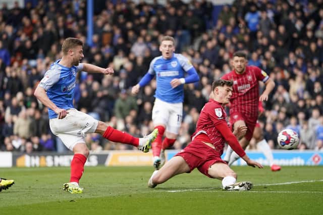 Michael Jacobs scores Pompey's second in the first half of their victory over Cheltenham. Picture: Jason Brown/ProSportsImages