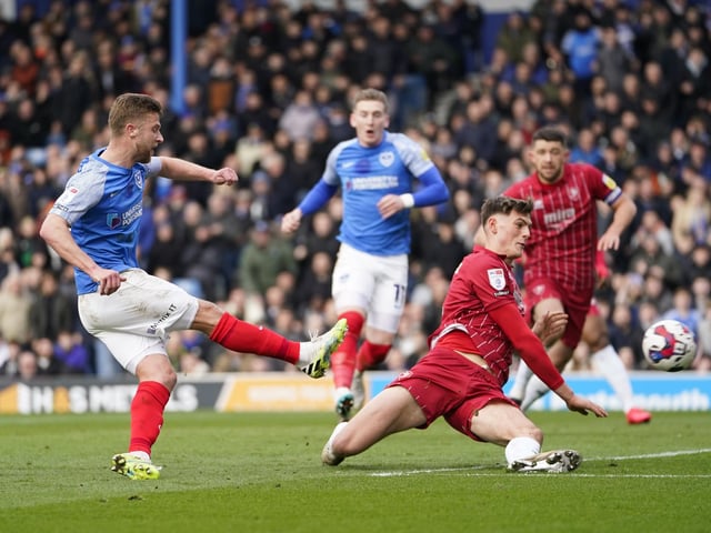 Michael Jacobs scores Pompey's second in the first half of their victory over Cheltenham. Picture: Jason Brown/ProSportsImages