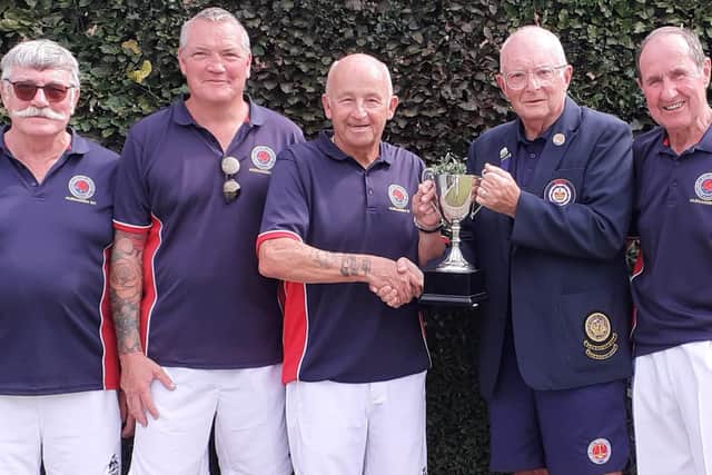 Men's Fours winners Keith Jones, Carl Baggott, Don Lilley and George Madgwick, with the P&D President