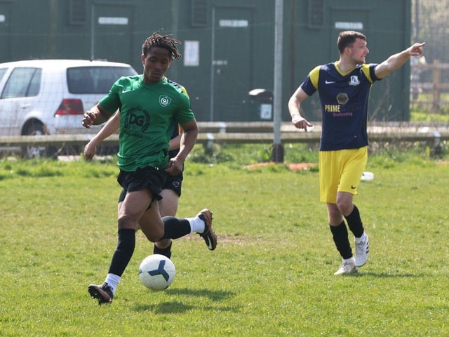 Action from the Challenge Cup clash between Pelham Arms (blue/yellow kit) and FFTP (green and black kit). Picture: Sam Stephenson
