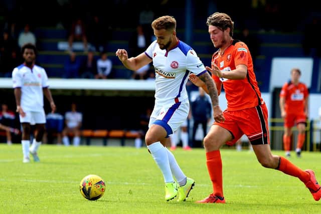 Pat Suraci (white) in action for Gosport during their 0-0 friendly draw with AFC Portchester at Privett Park. Picture: Tom Phillips