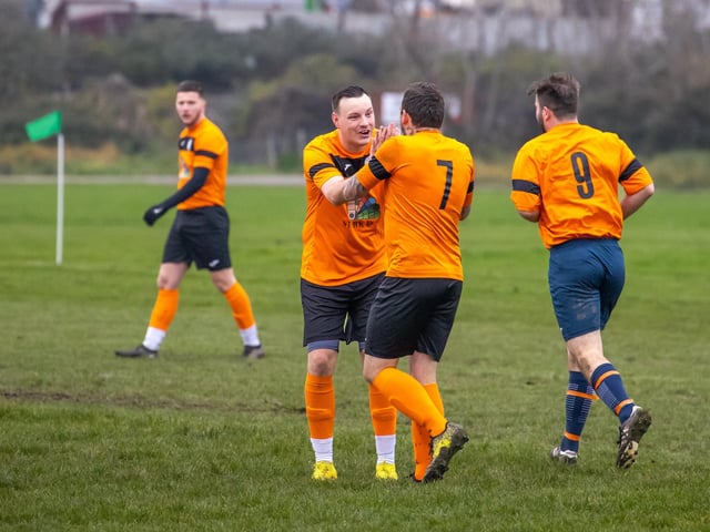 Bransbury Wanderers Reserves celebrate a goal. Picture by Alex Shute