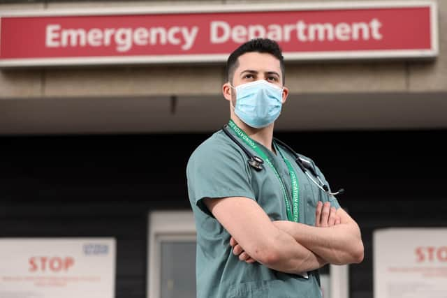 Junior doctor Dr Raphael Lippa outside A&E at Queen Alexandra Hospital, Cosham
Picture: Chris Moorhouse   (171020-)