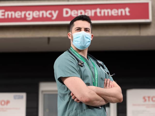 Junior doctor Dr Raphael Lippa outside A&E at Queen Alexandra Hospital, Cosham
Picture: Chris Moorhouse   (171020-)