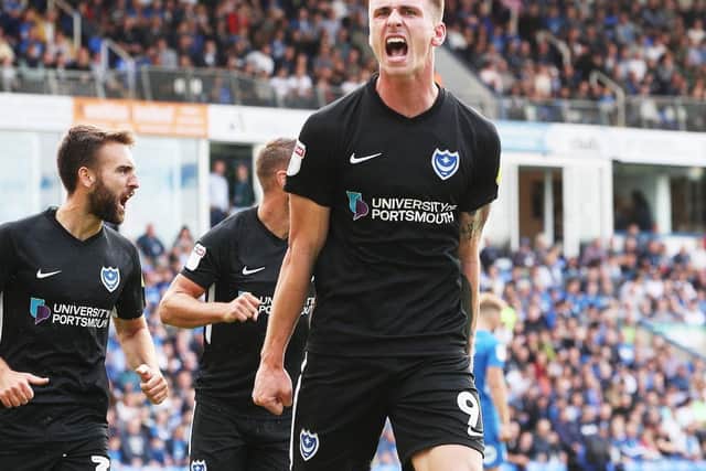 Oli Hawkins celebrating one of his favourite goal-scoring moments for Pompey in the 2-1 victory at Peterborough in September 2018. Picture: Joe Pepler