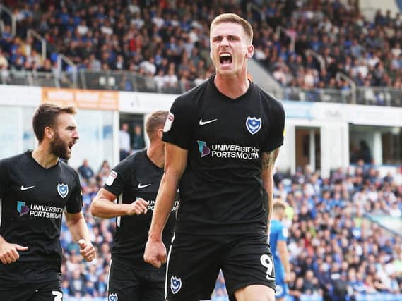 Oli Hawkins celebrating one of his favourite goal-scoring moments for Pompey in the 2-1 victory at Peterborough in September 2018. Picture: Joe Pepler