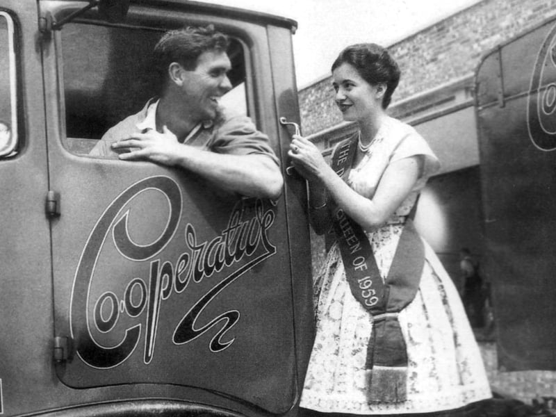 Arthur Rickets welcoming the Co-op Dairy Queen 1959