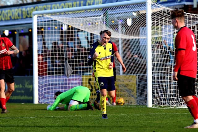 Ryan Pennery celebrates after grabbing Gosport Borough's semi-final winner against Petersfield Town Picture: Tom Phillips
