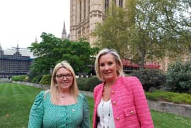 Caroline Dinenage has been announced as the new Chair of a Government Taskforce to detect childhood cancer earlier to give children the best chance. Pictured: Charlotte Fairall and Caroline Dinenage at the Houses of Parliament April 26, 2022