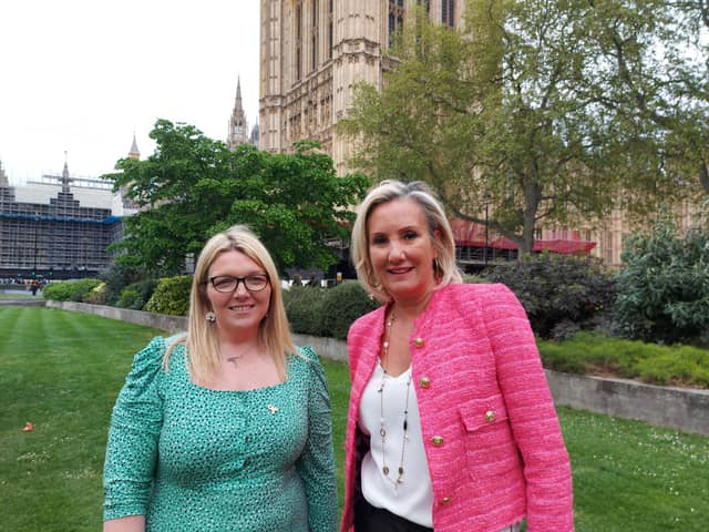 Caroline Dinenage has been announced as the new Chair of a Government Taskforce to detect childhood cancer earlier to give children the best chance. Pictured: Charlotte Fairall and Caroline Dinenage at the Houses of Parliament April 26, 2022