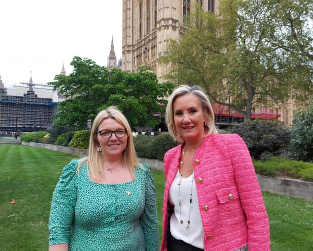 Caroline Dinenage has been announced as the new Chair of a Government Taskforce to detect childhood cancer earlier to give children the best chance. Pictured: Charlotte Fairall and Caroline Dinenage at the Houses of Parliament April 26, 2022