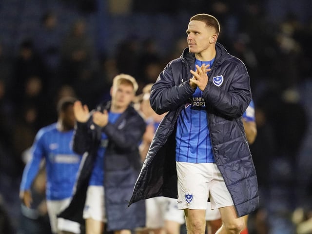 Colby Bishop thanks the Fratton faithful at the final whistle.