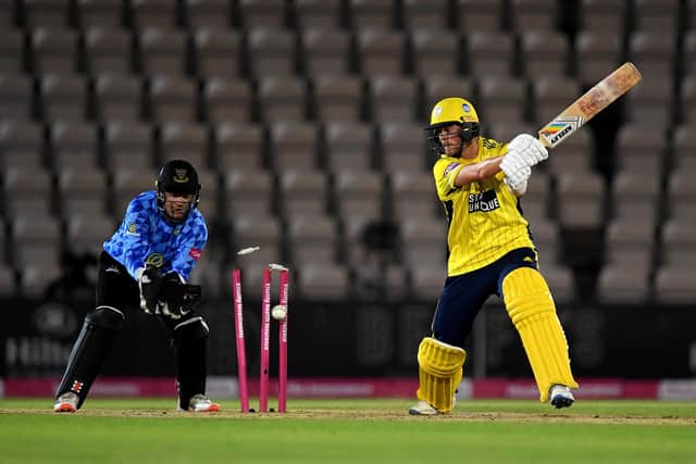 Hampshire's Sam Northeast is bowled by Will Beer at The Ageas Bowl. Photo by Alex Davidson/Getty Images.