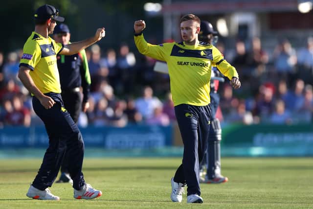 Mason Crane celebrates after dismissing Daniel Bell-Drummond. Photo by James Chance/Getty Images.
