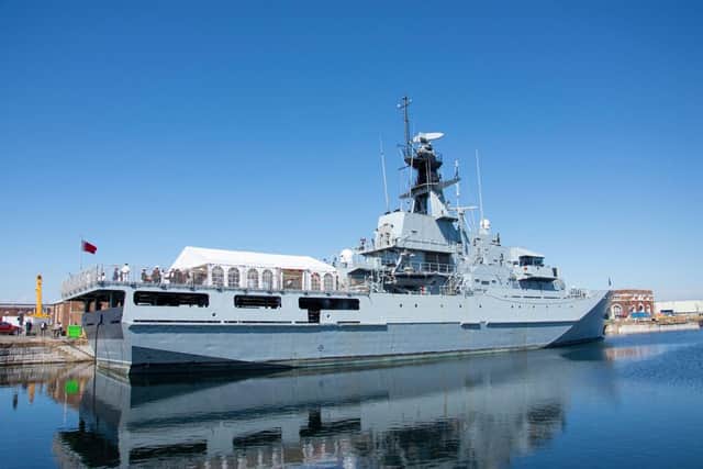 Former Royal Navy patrol ship HMS Clyde flies the flag of Bahrain after being accepted into the nation's military and renamed Al Zubara. Photo: Twitter/Bahrain Embassy UK