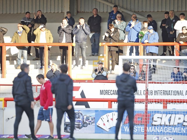 Portsmouth fans during the EFL Sky Bet League 1 match between Morecambe and Portsmouth at the Globe Arena, Morecambe, England on 12 November 2022.