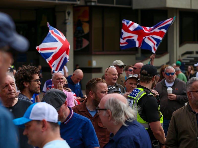 Protestors at Guildhall Square, Portsmouth. Picture: Chris  Moorhouse (030824-07)
