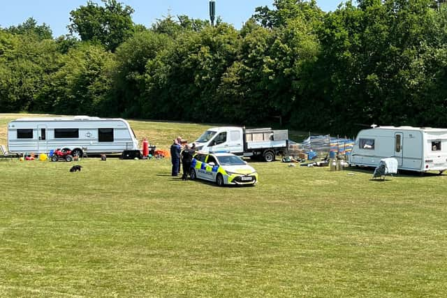 A group of travellers have set up camp on the field behind Hawks FC.