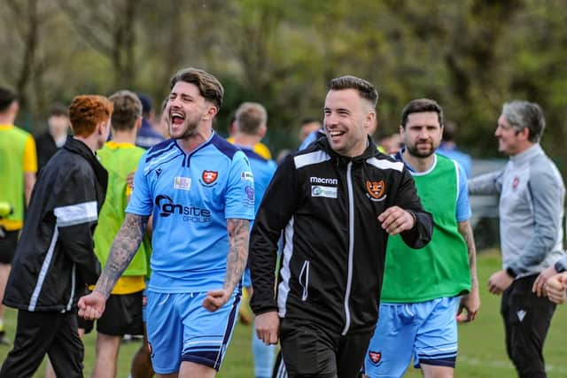 James Cowan, left, celebrates Portchester's dramatic win at Hamble. Picture by Daniel Haswell