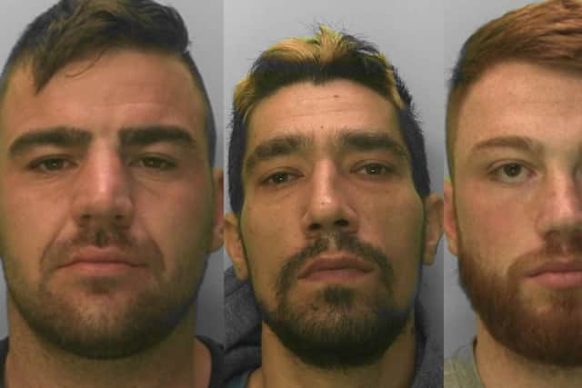 L to R: Shaun Harper, 30, of Braintree Road, Wymering, Portsmouth, Daniel Ghasemi, 37, of North Road, Brighton, and Steven Tunbridge, 29, of Estella Road, Buckland, Portsmouth. Picture: Sussex Police.